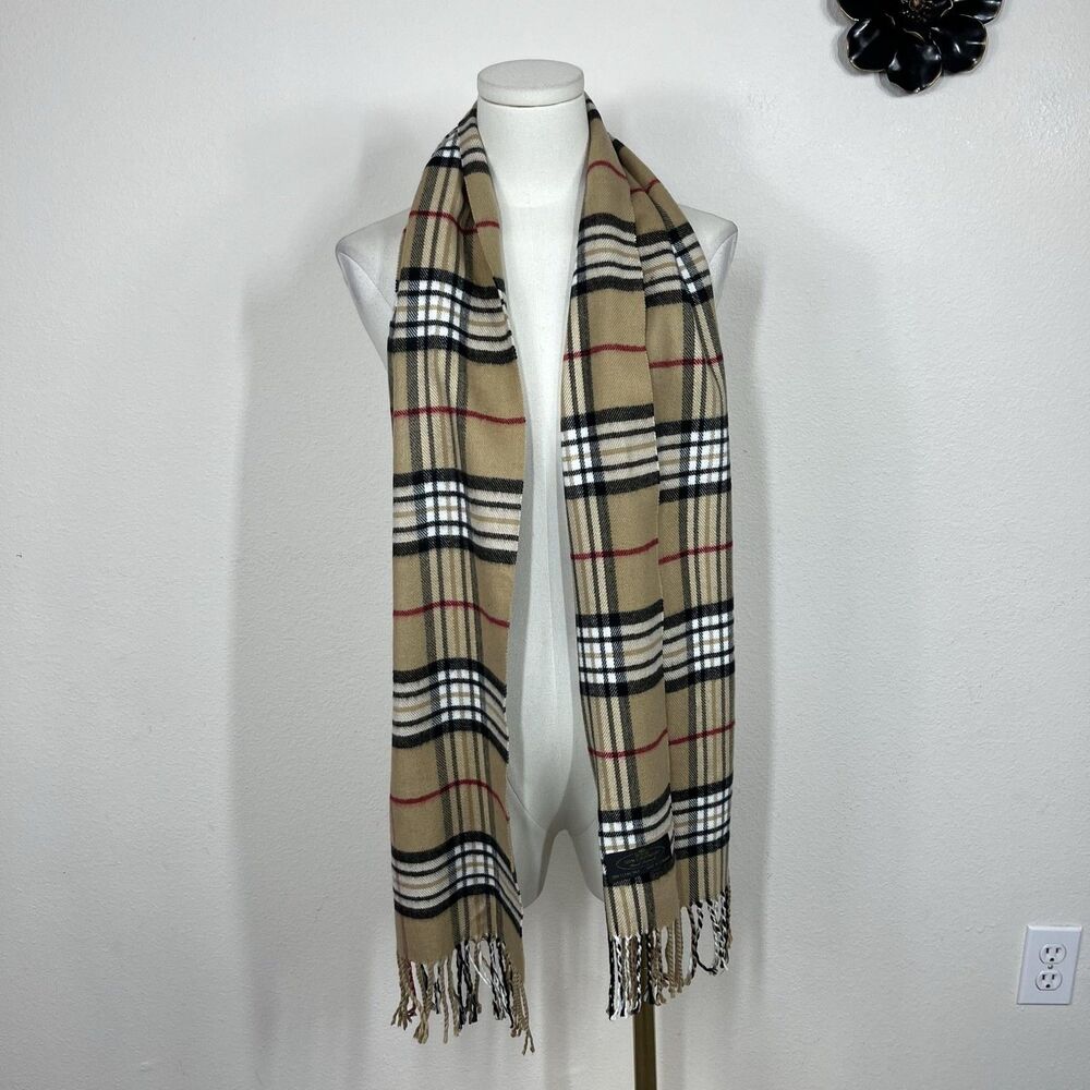Plaid Cashmere Scarf Womens One Size Beige Fringe Rectangle Germany Cozy Winter - Picture 2 of 8